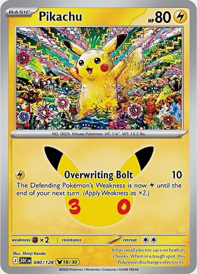 Pokemon TCG Pikachu 040/128 Me: 30th Celebration Full Art Holo Rare EN 80HP