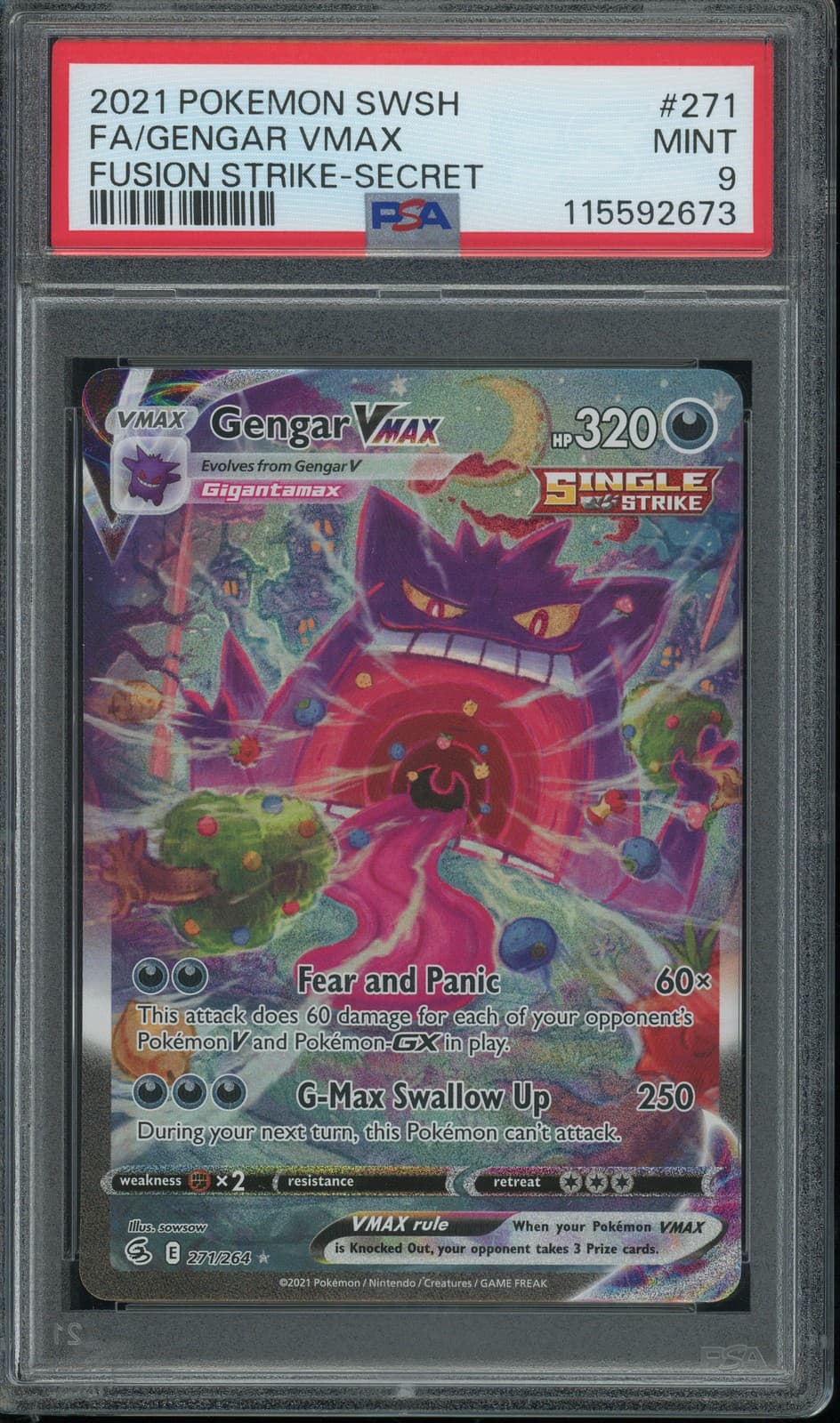 2021 Pokémon Gengar VMAX #271/264 Fusion Strike Alt Art Secret Rare PSA 9 MINT