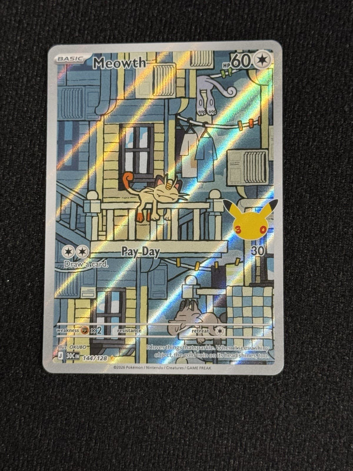 Pokemon TCG  Meowth 144/128 Illustration Rare IR 30th Celebration Anniversary