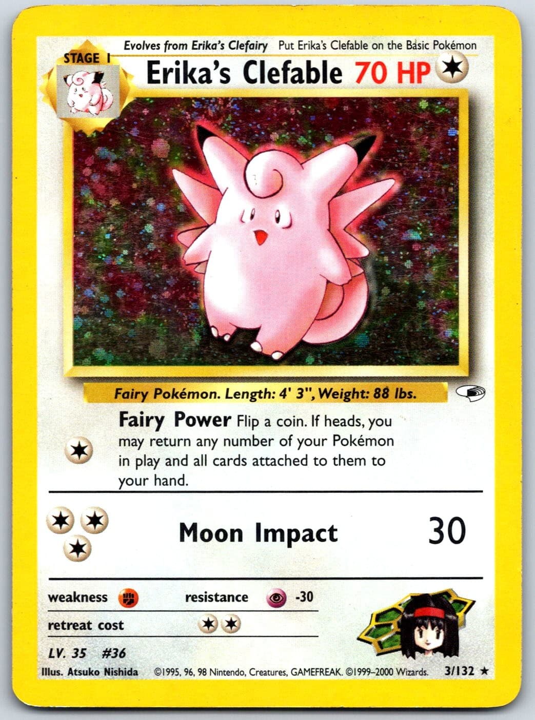 Erika's Clefable 3/132 Rare Gym Heroes Pokemon Unlimited Holo Lightly Played