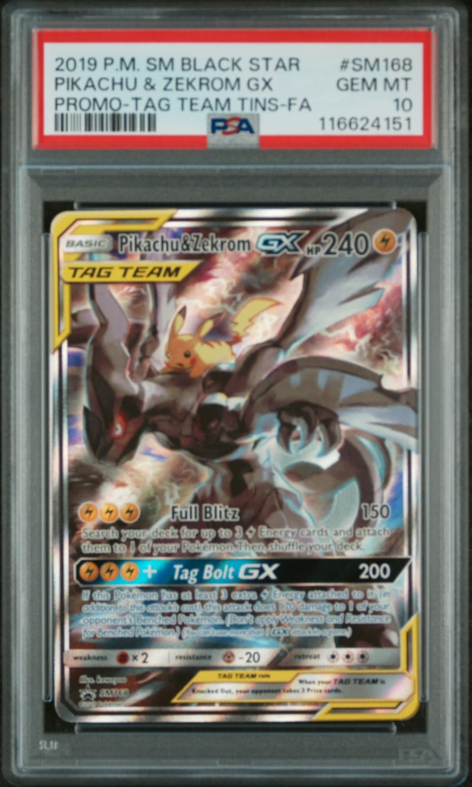 2019 POKEMON SM BLACK STAR PROMO #SM168 FULL ART/PIKACHU & ZEKROM GX PSA 10