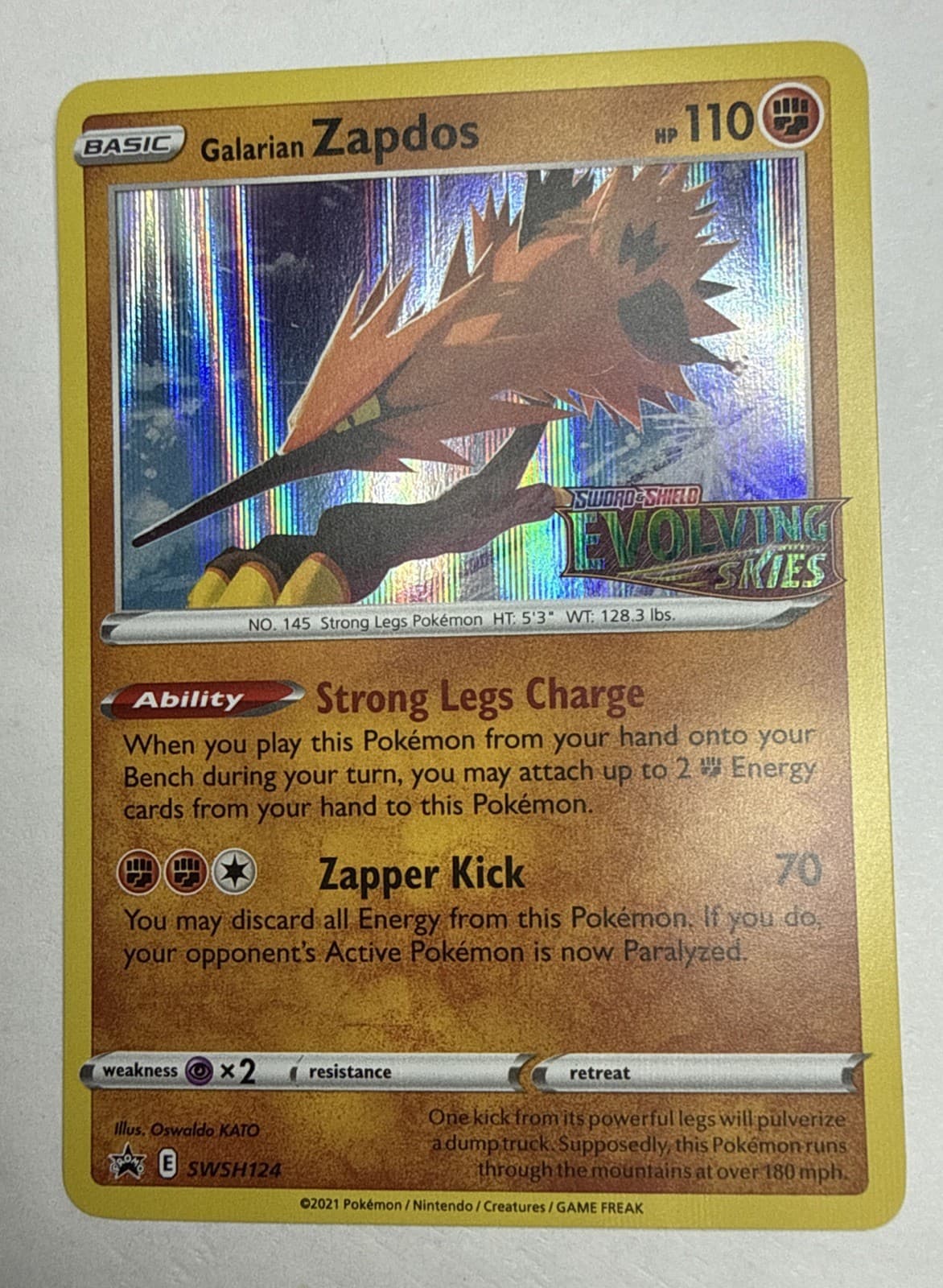 Pokémon TCG Galarian Zapdos Evolving Skies SWSH124 Holo Promo “Mint”