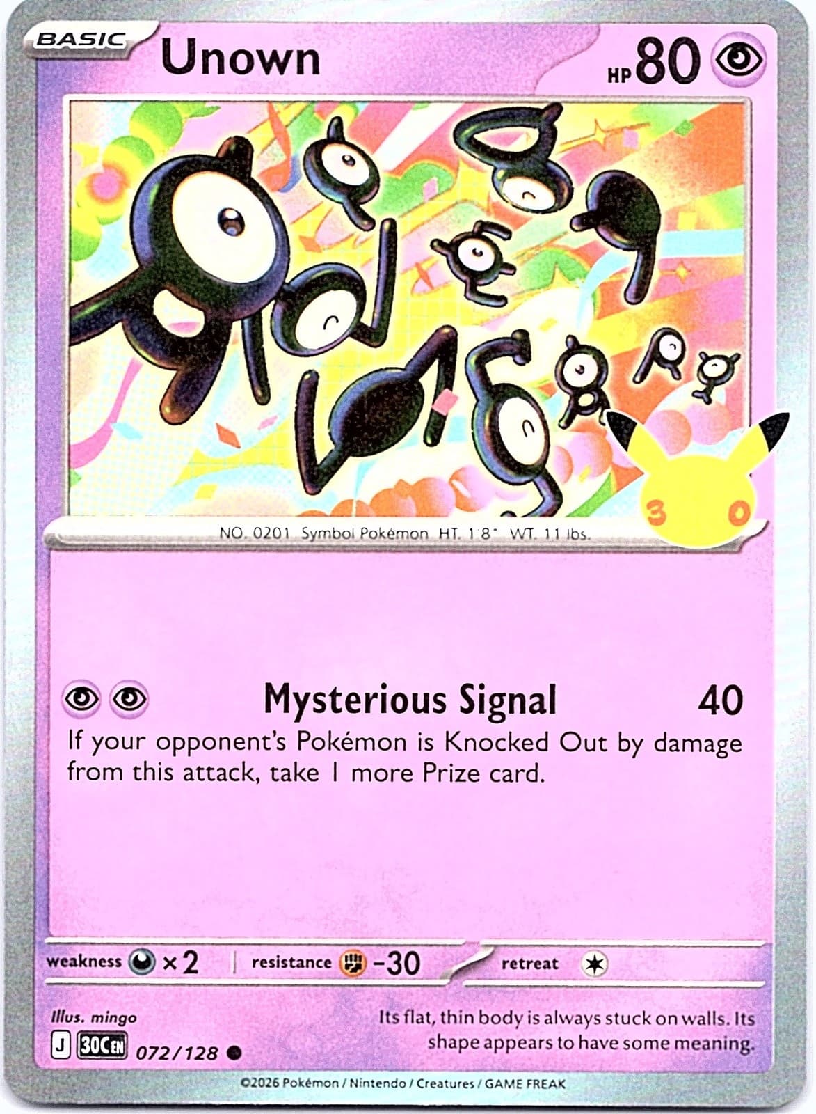 Unown Holo Common ME: 30th Celebration 072/128 NM ((Pokemon))
