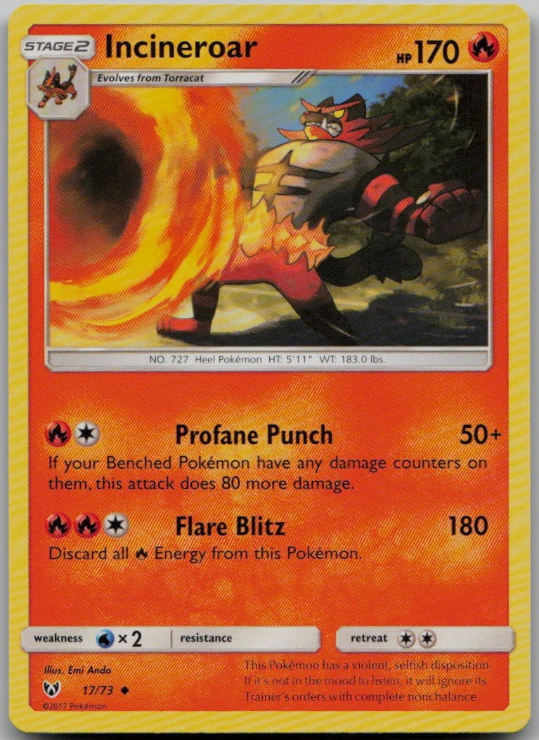 Incineroar 17/73 Uncommon Shining Legends LP Pokemon