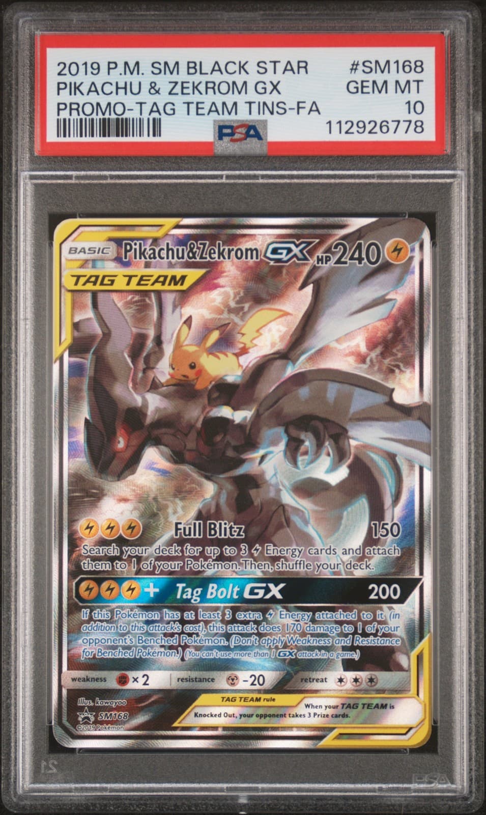 2019 POKEMON SM BLACK STAR PROMO #SM168 FULL ART/PIKACHU & ZEKROM GX PSA 10