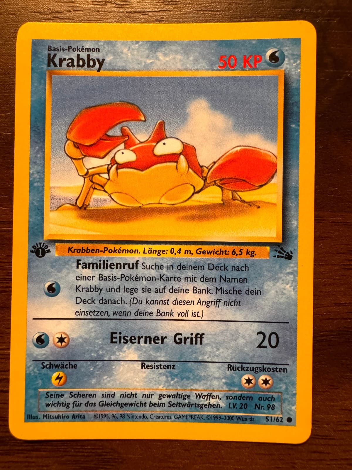Pokémon Krabby 51/62 1. Edition DE – Fossil 1999 (WOTC) - guter Zustand