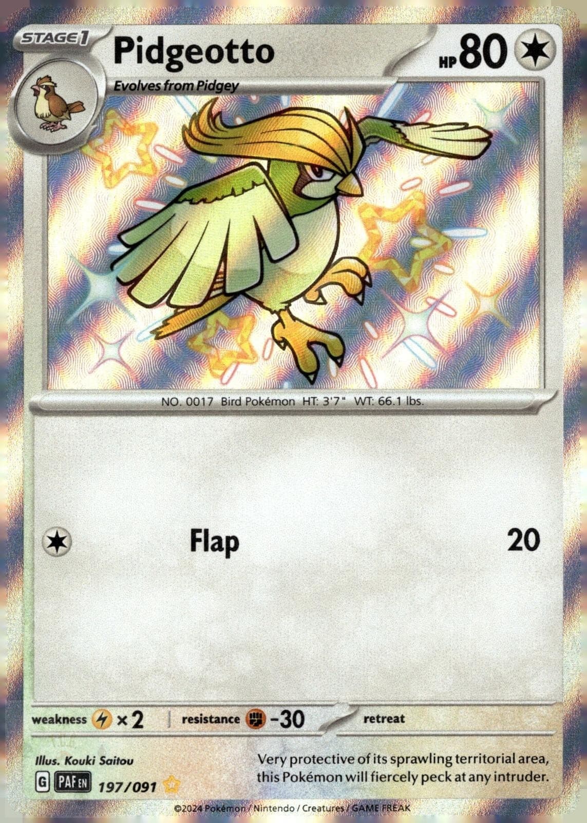 Pidgeotto 197/091 Shiny Rare Paldean Fates Pokemon Holo NM/M