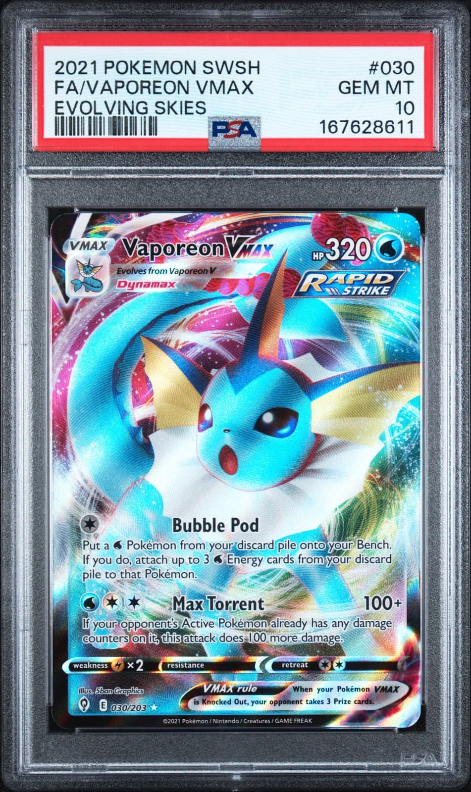 2021 POKEMON SWORD & SHIELD EVOLVING SKIES #030 FULL ART/VAPOREON VMAX PSA 10