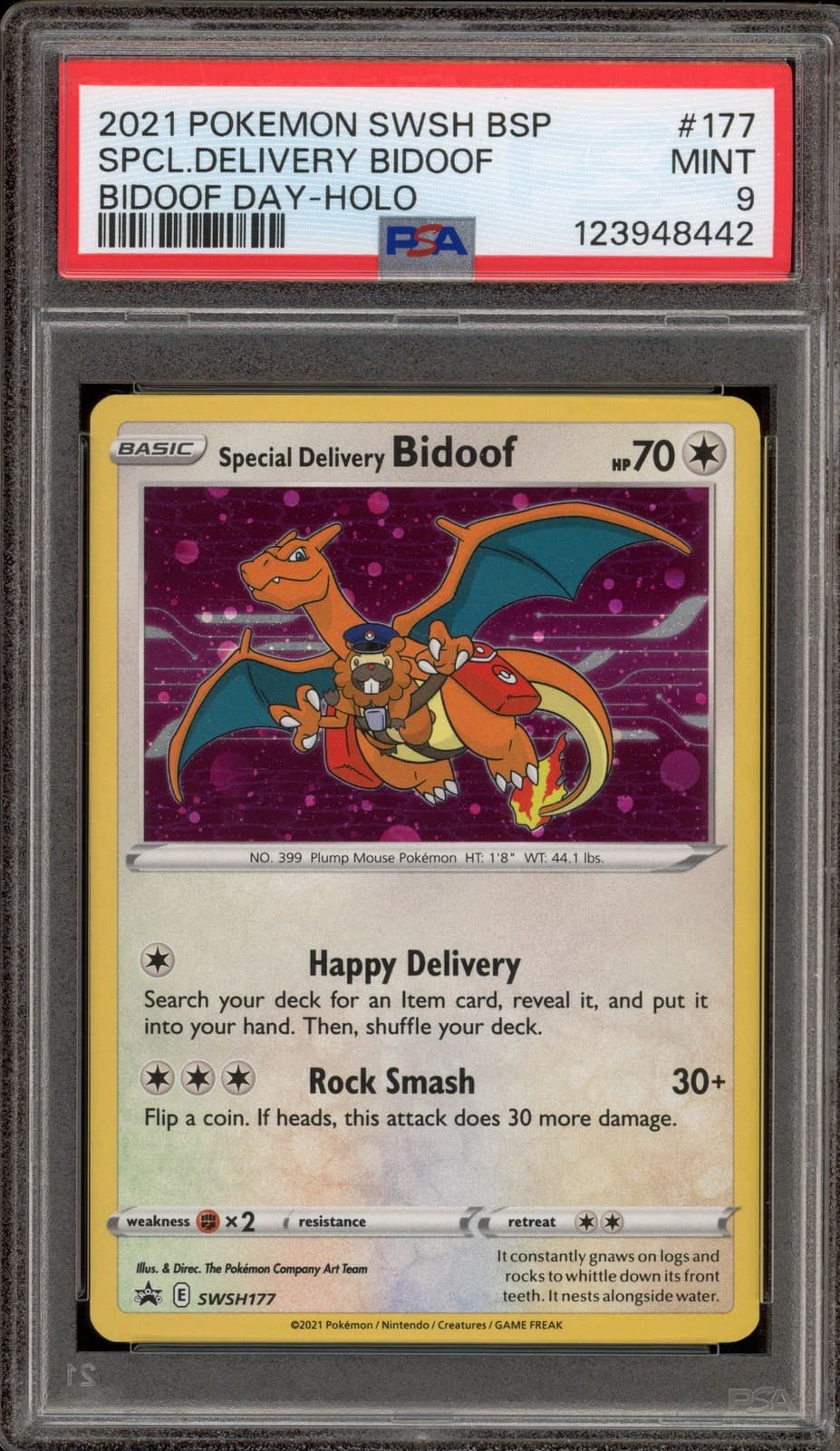 Pokemon Special Delivery Bidoof Day P.M. Center Holo Promo SWSH177 PSA 9 Mint