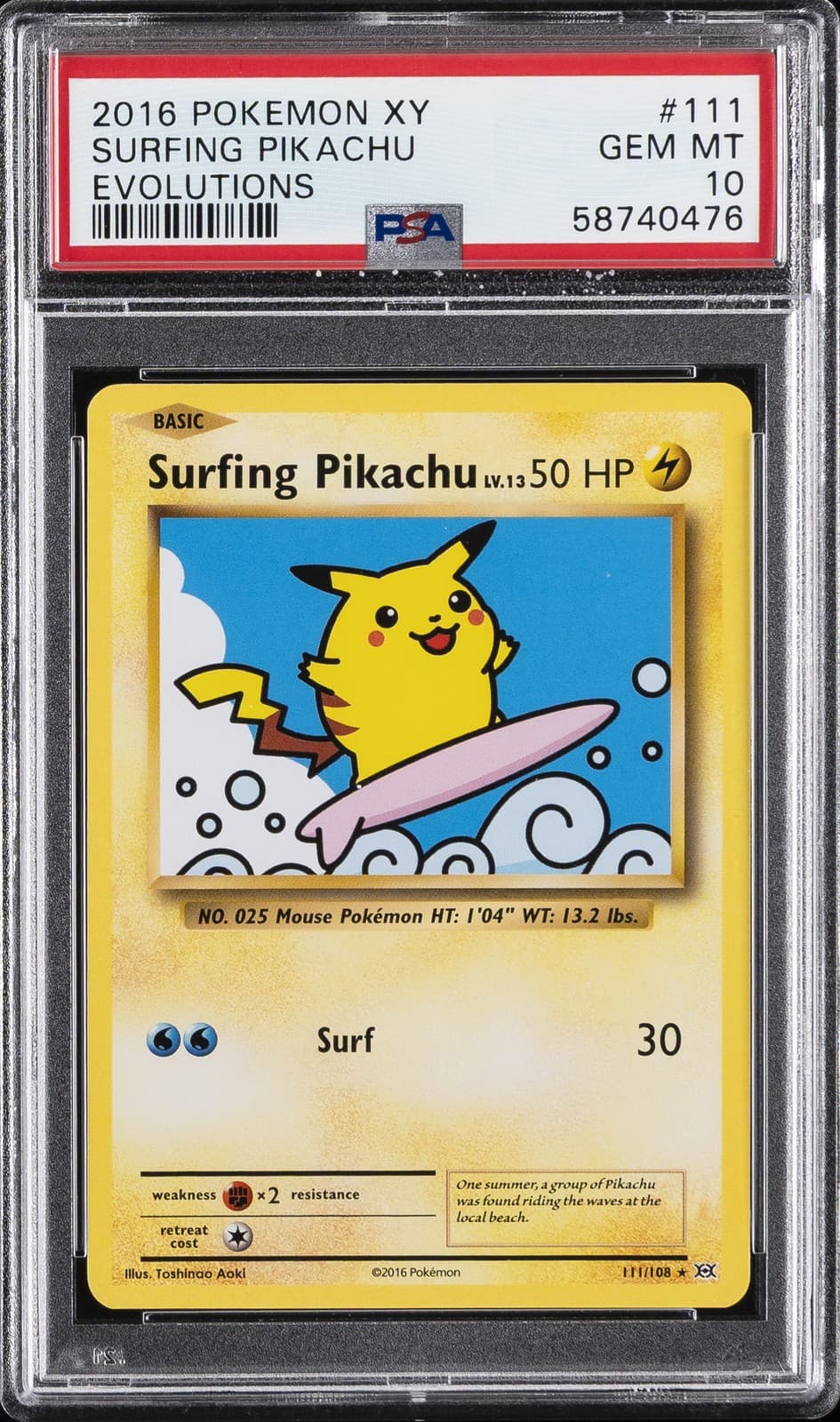2016 POKEMON XY EVOLUTIONS #111 SURFING PIKACHU PSA 10