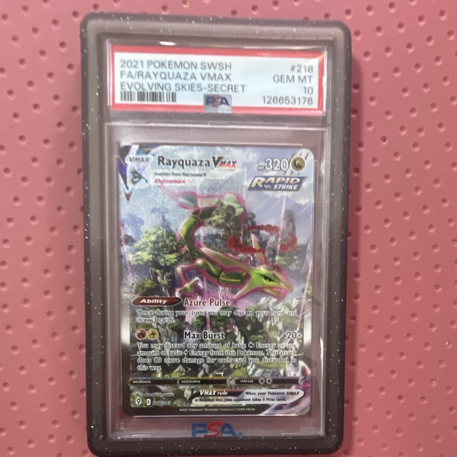 Pokemon Rayquaza VMAX 218/203 Evolving Skies Alt Art Secret Holo PSA 10