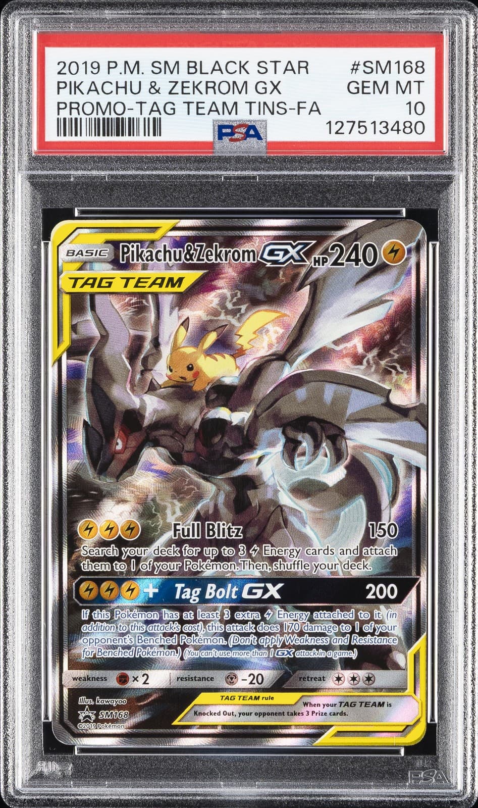 2019 POKEMON SM BLACK STAR PROMO #SM168 FULL ART/PIKACHU & ZEKROM GX PSA 10