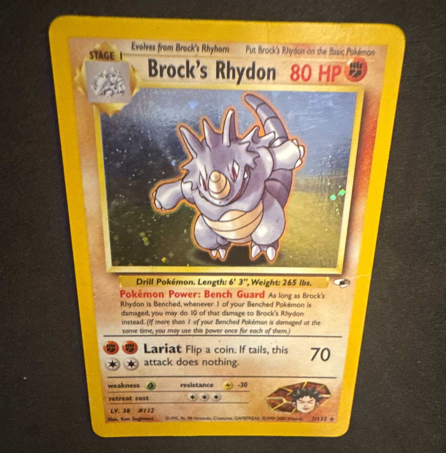 Brock’s Rhydon #2 - Holo Rare - Gym Heroes -  Pokemon card from 2000 with crease