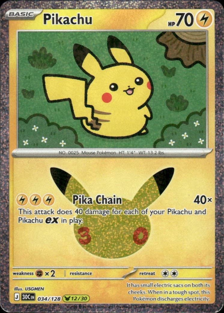 Pikachu 30th Celebration 034/128 Pikachu Rare Holo Pokémon — English NM