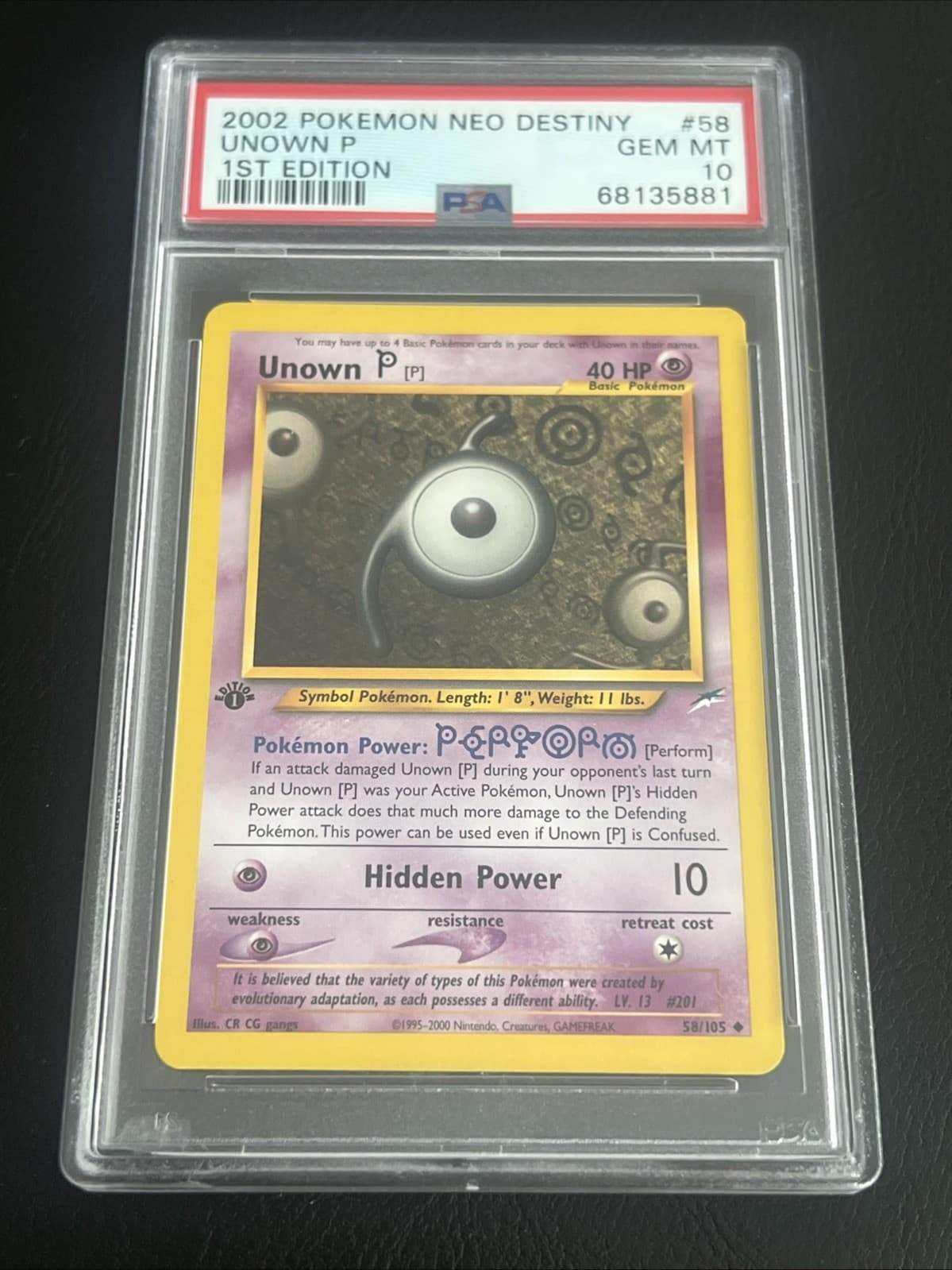 Unown [P] 58/105 1st Edition Neo Destiny Regular PSA 10