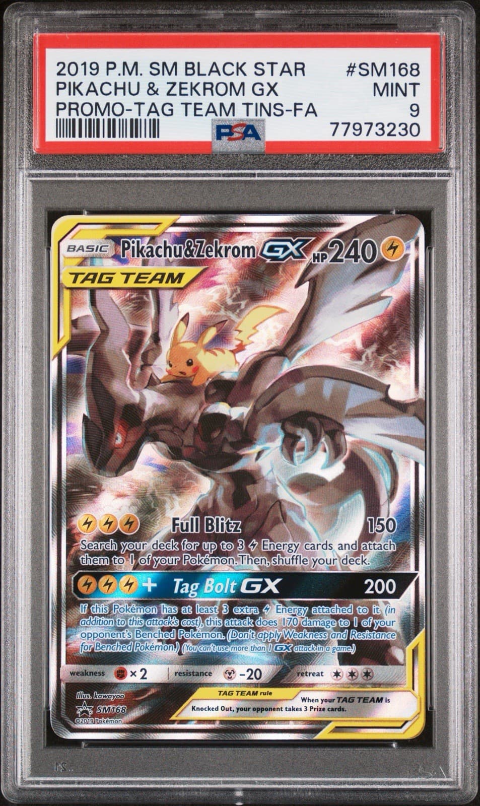 2019 POKEMON SM BLACK STAR PROMO #SM168 FULL ART/PIKACHU & ZEKROM GX PSA 9