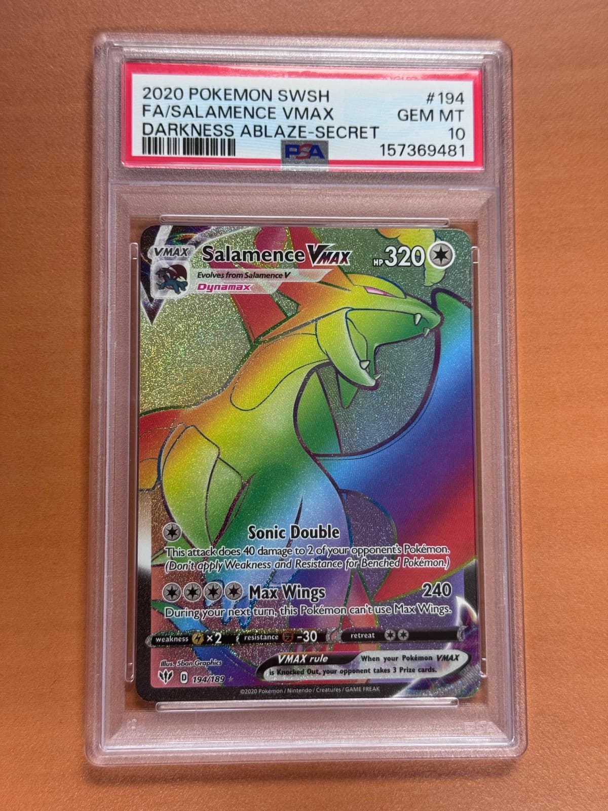 Pokemon SWSH Salamence VMAX 194/189 Darkness Ablaze Secret Rare Full Art PSA 10
