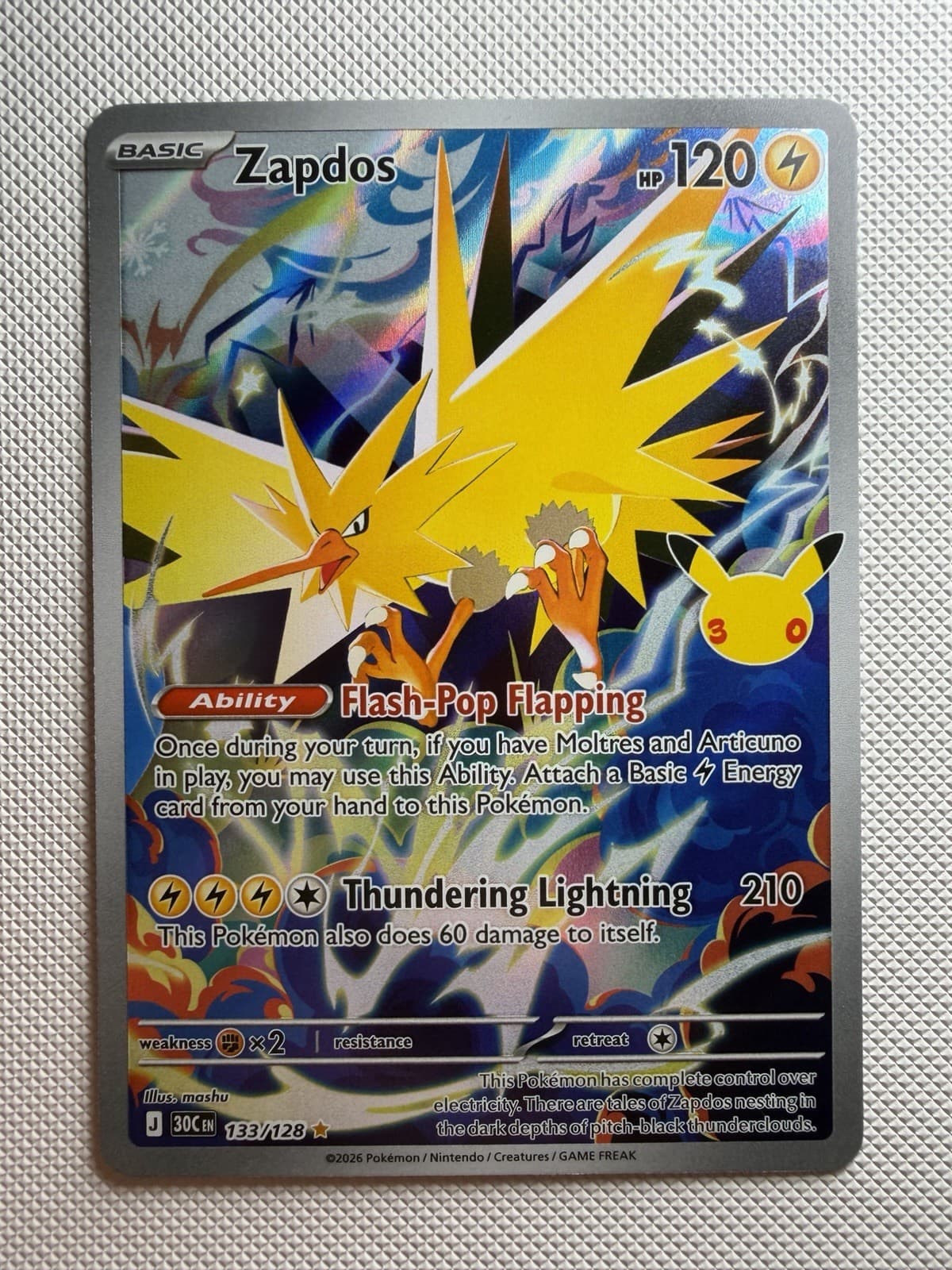 Zapdos 133/128 30th Anniversary Celebration Illustration Rare Pokemon
