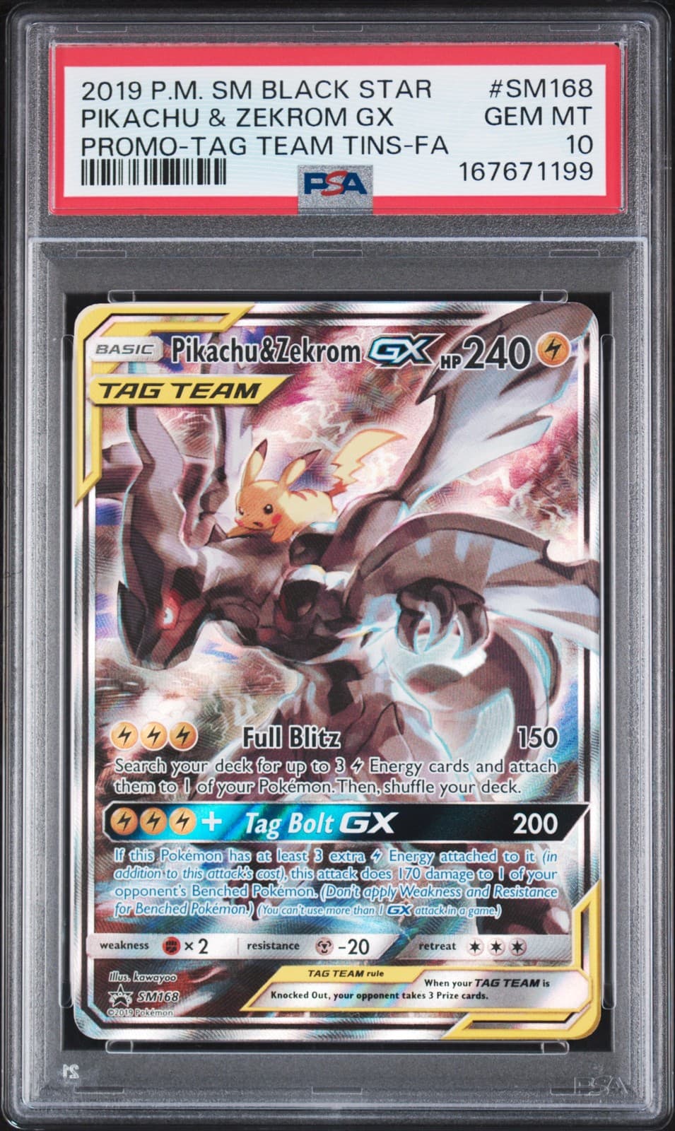 2019 POKEMON SM BLACK STAR PROMO #SM168 FULL ART/PIKACHU & ZEKROM GX PSA 10