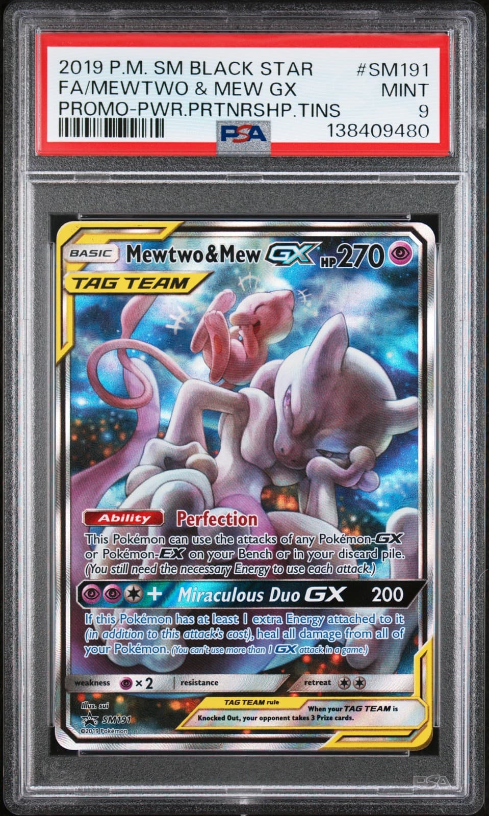 2019 POKEMON SM BLACK STAR PROMO #SM191 FULL ART/MEWTWO & MEW GX PSA 9