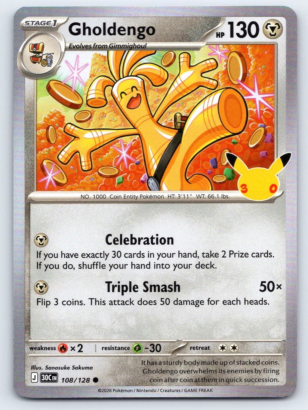POKEMON GHOLDENGO 108/128 COMMON ME: 30TH CELEBRATION HOLO NEAR MINT