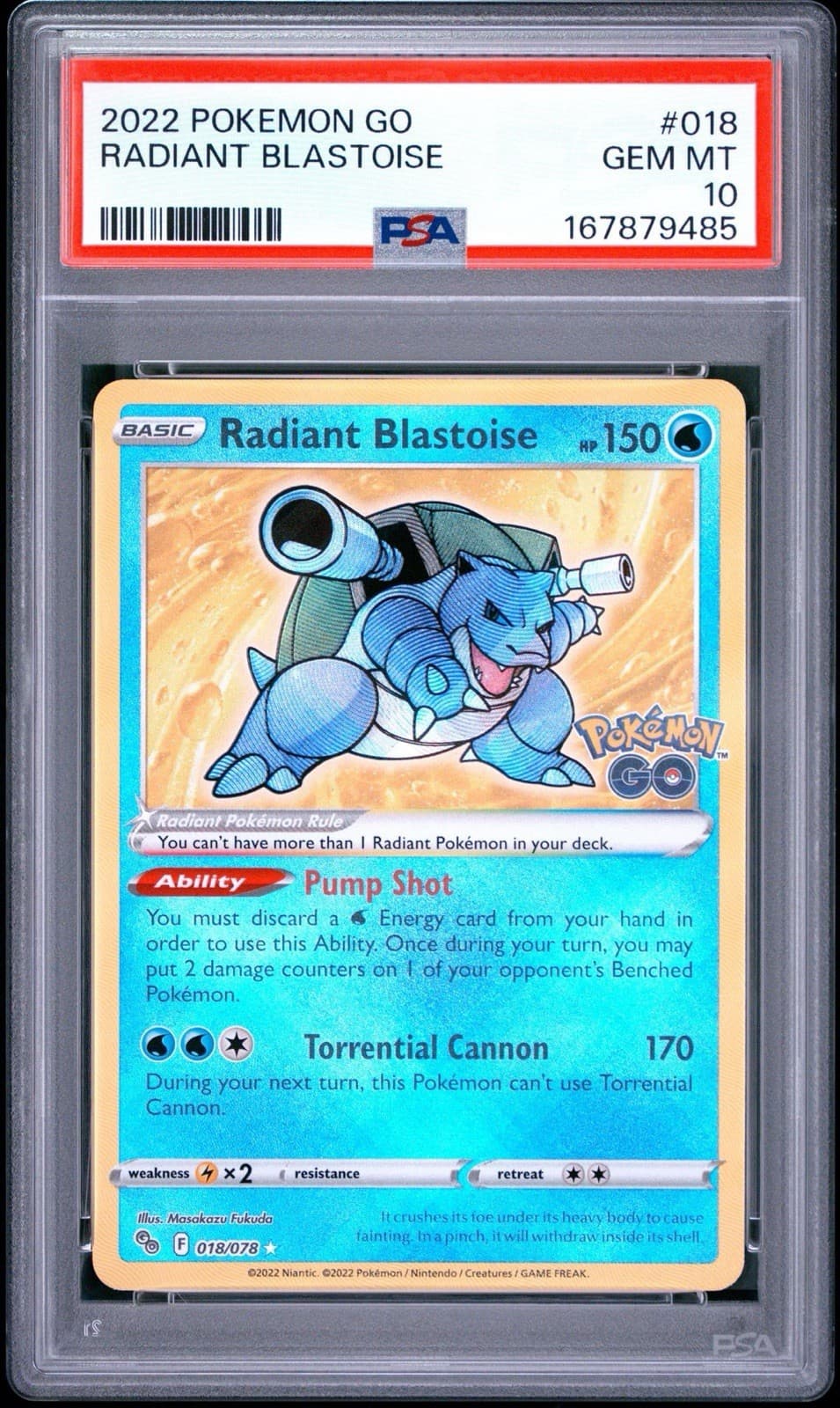 Pokémon Go TCG Radiant Blastoise Holo Card 018/078 PSA Gem Mint 10