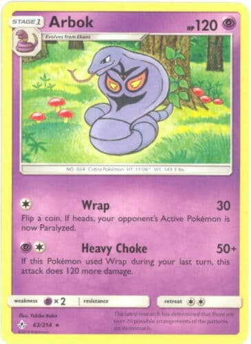 Arbok 63/214 Unbroken Bonds Rare Light Play Pokemon DNA GAMES