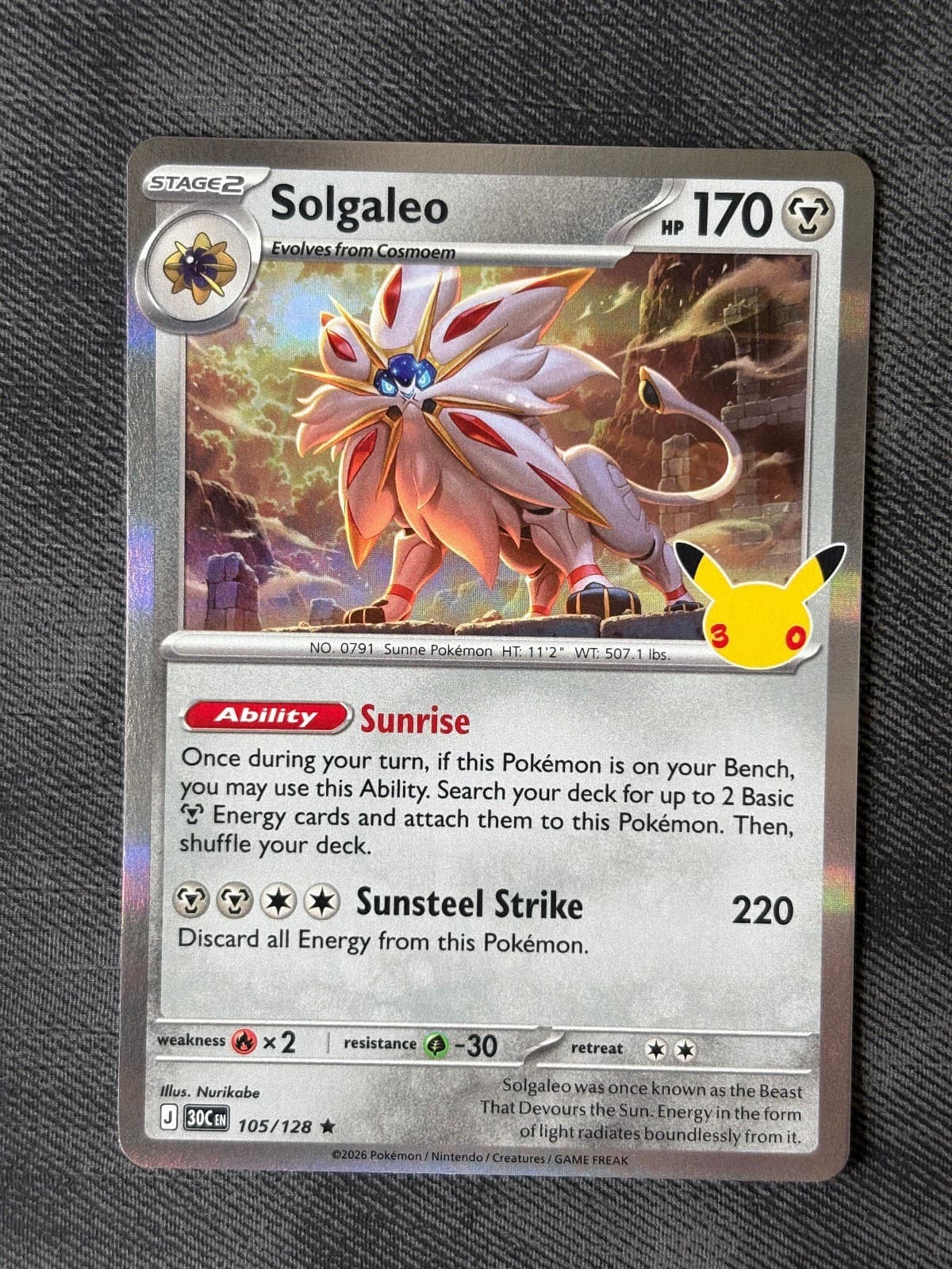 Solgaleo 105/128 ME: 30th Celebration Pokemon Holo Near Mint