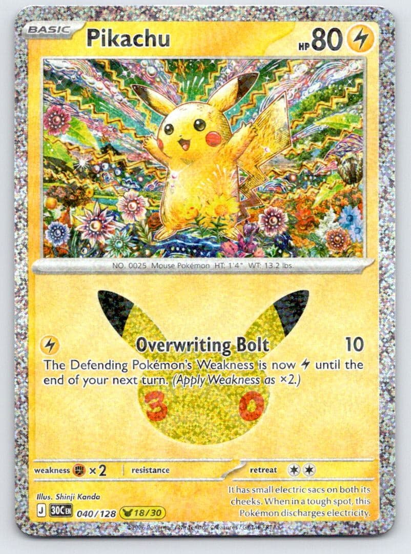 Pikachu 040/128 Holo Pikachu Rare ME: 30th Celebration Pokemon Near Mint