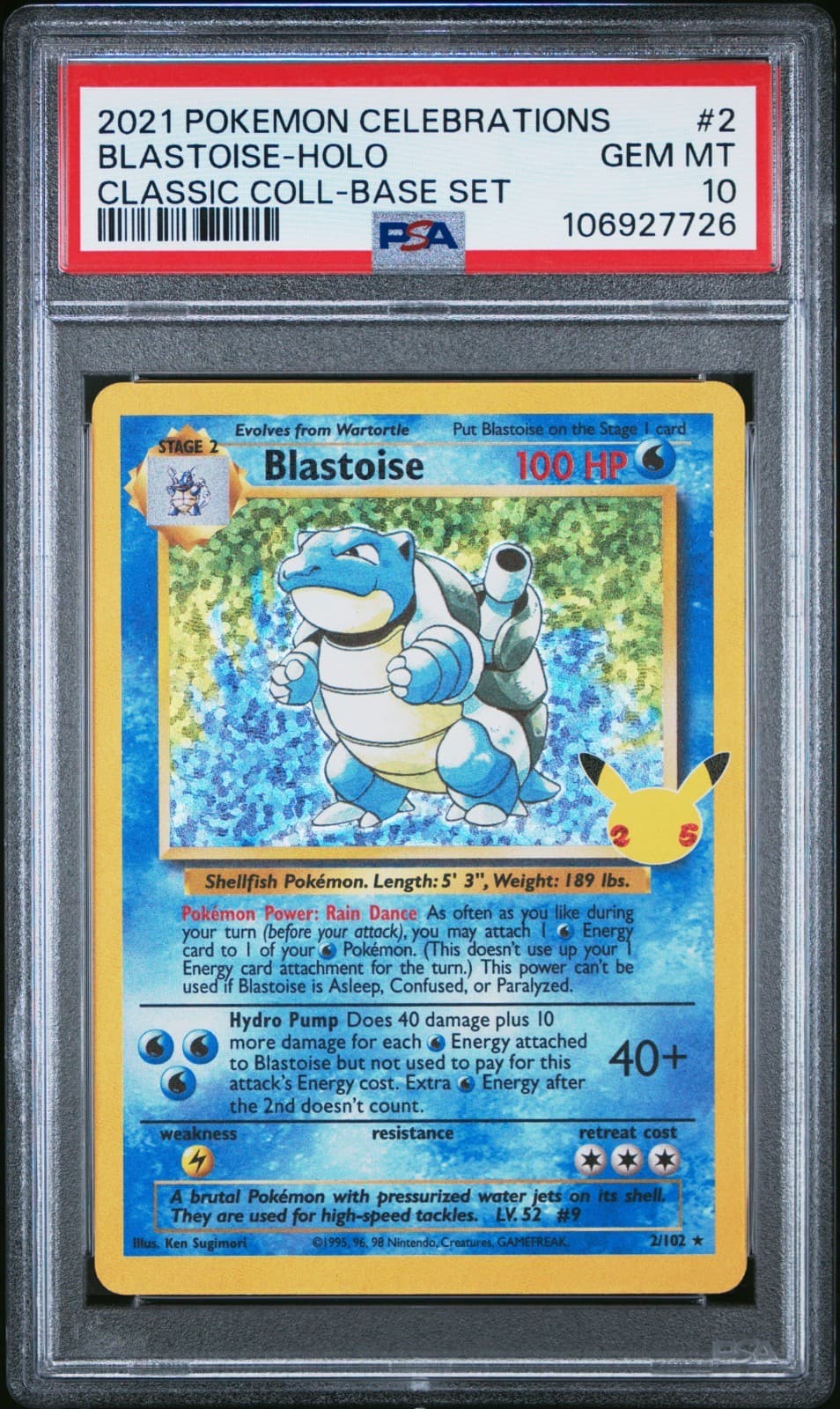 2021 POKEMON CELEBRATIONS CLASSIC COLLECTION #2 BLASTOISE-HOLO BASE SET PSA 10