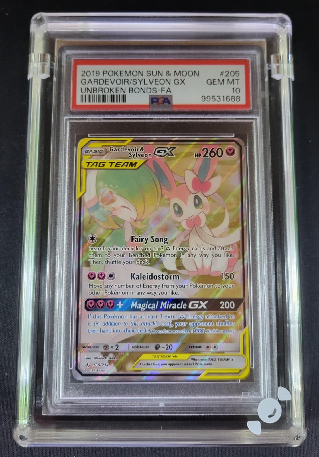 PSA 10 GARDEVOIR & SYLVEON GX UNBROKEN BONDS FULL ART #205 (1688)
