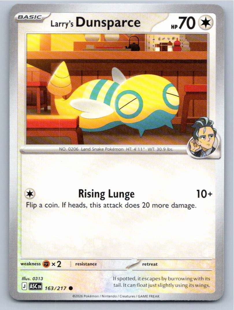 2026 POKEMON LARRY'S DUNSPARCE ASCENDED HEROES 163/217 COMMON NM A22529 FREE S&H