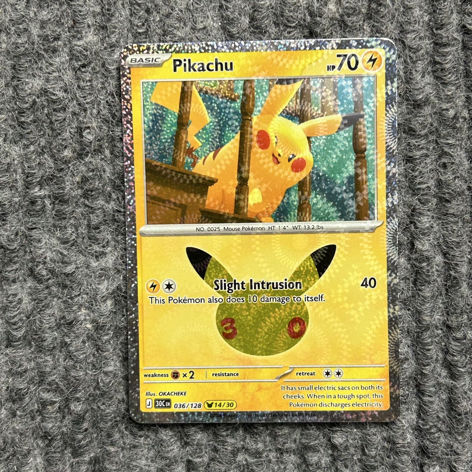 Pokemon TCG 30th Celebration Pikachu 036/128 Holo Foil Slight Intrusion Card NM