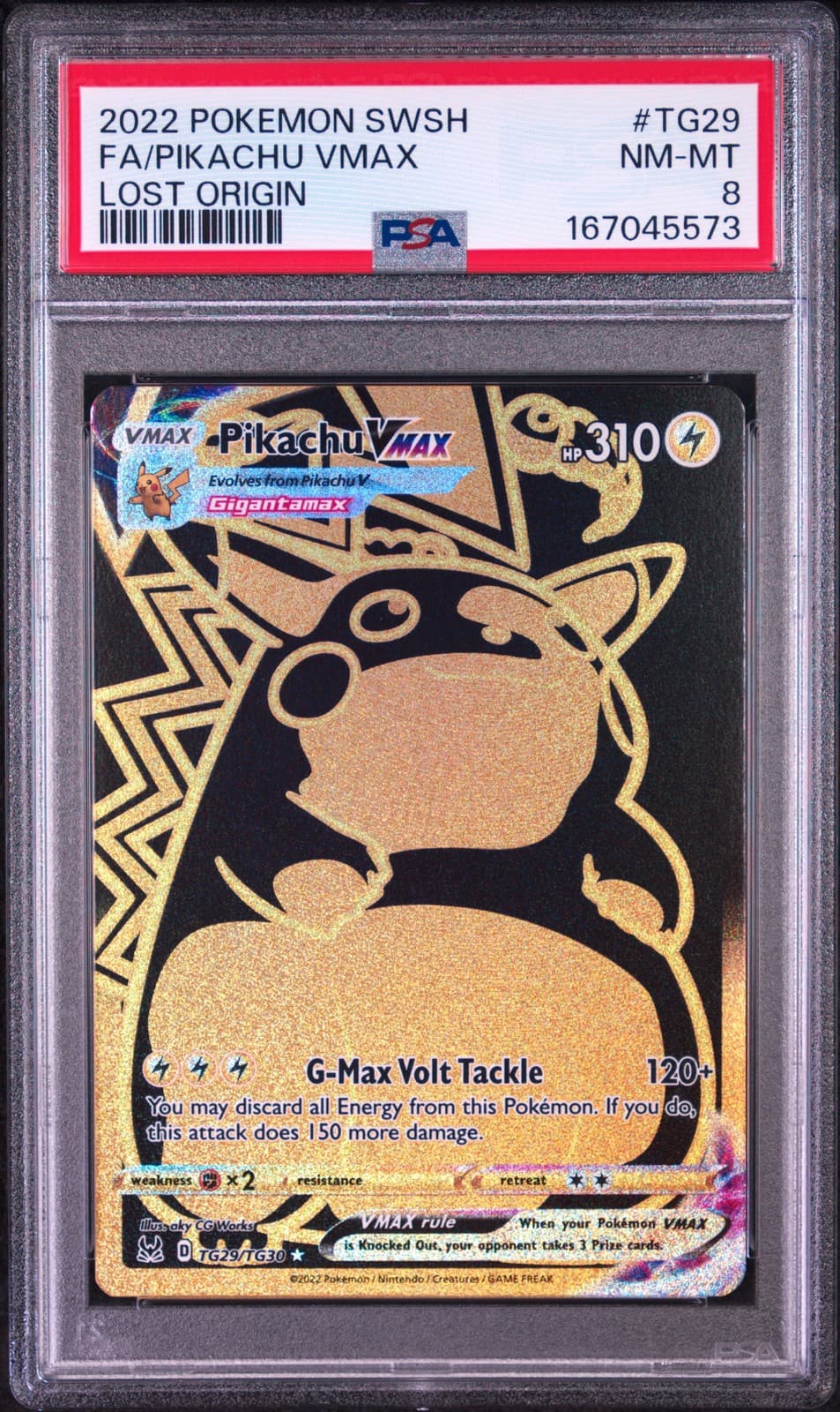 2022 POKEMON SWORD & SHIELD LOST ORIGIN #TG29 FULL ART/PIKACHU VMAX PSA 8