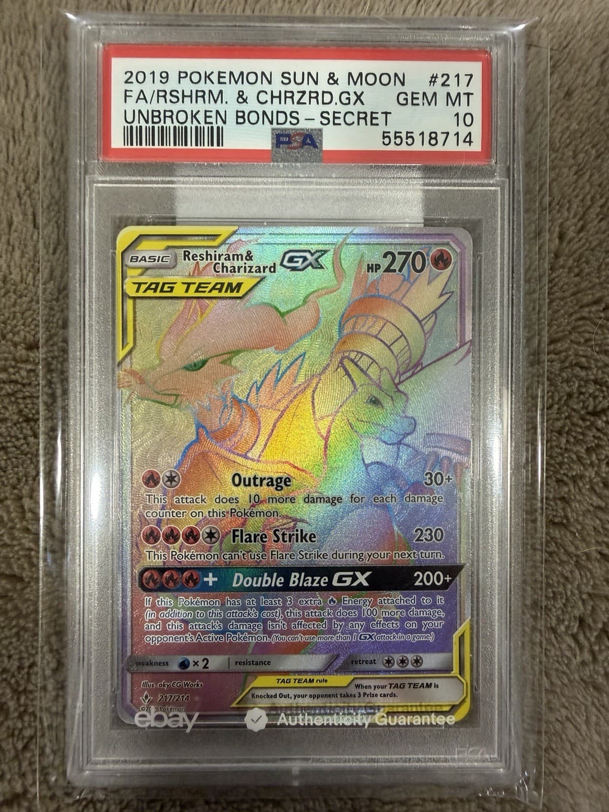 Pokemon TCG 2019 Sm-Unbroken Bonds Reshiram & Charizard GX 217/214 PSA 10