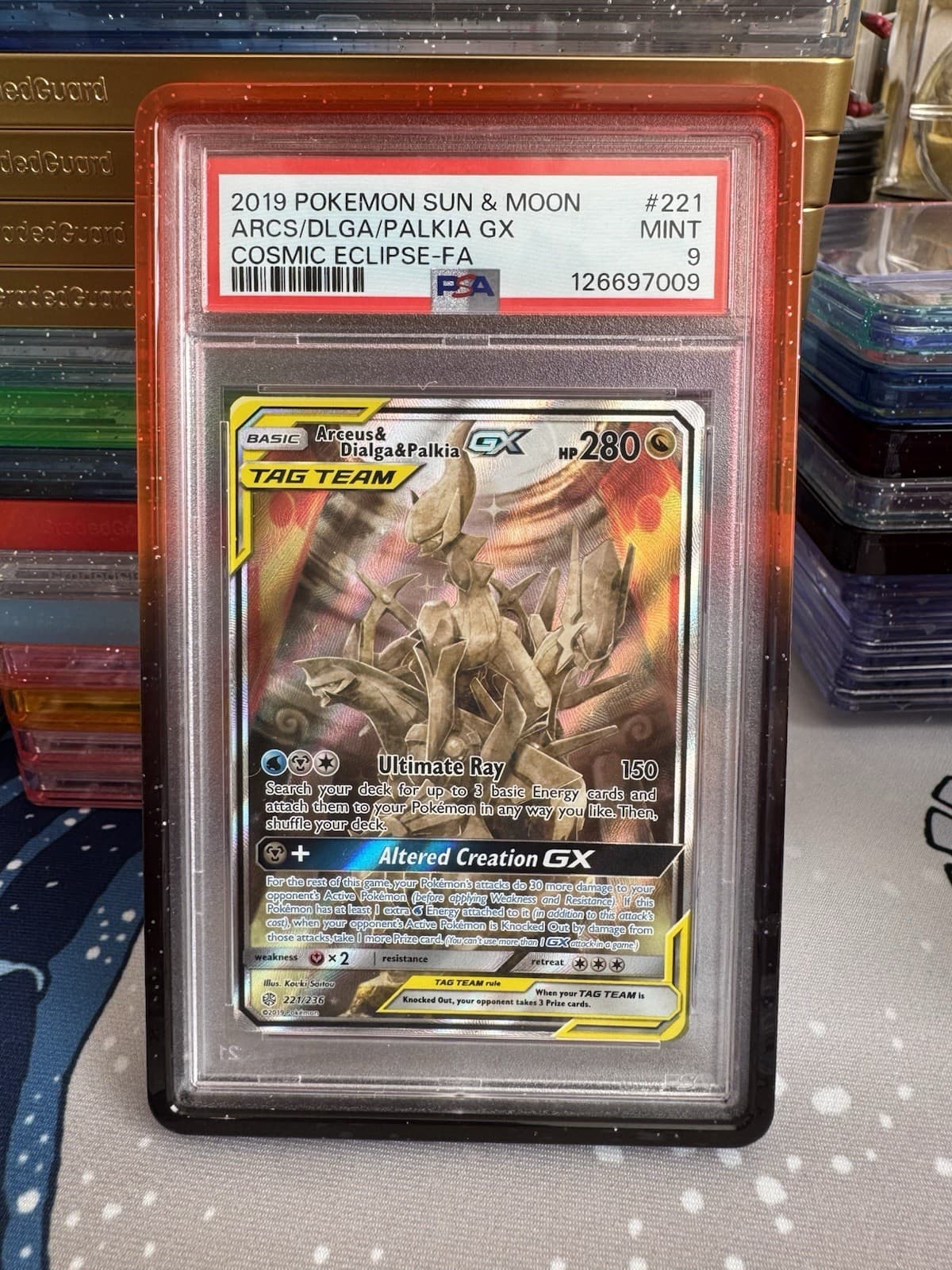 2019 Pokémon TCG Arceus & Dialga & Palkia GX 221/236 Holo Full Art PSA 9