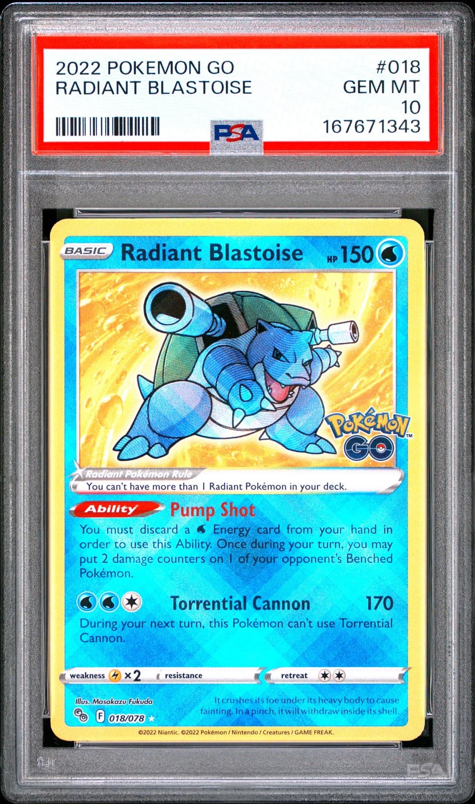 2022 POKEMON GO #018 RADIANT BLASTOISE PSA 10