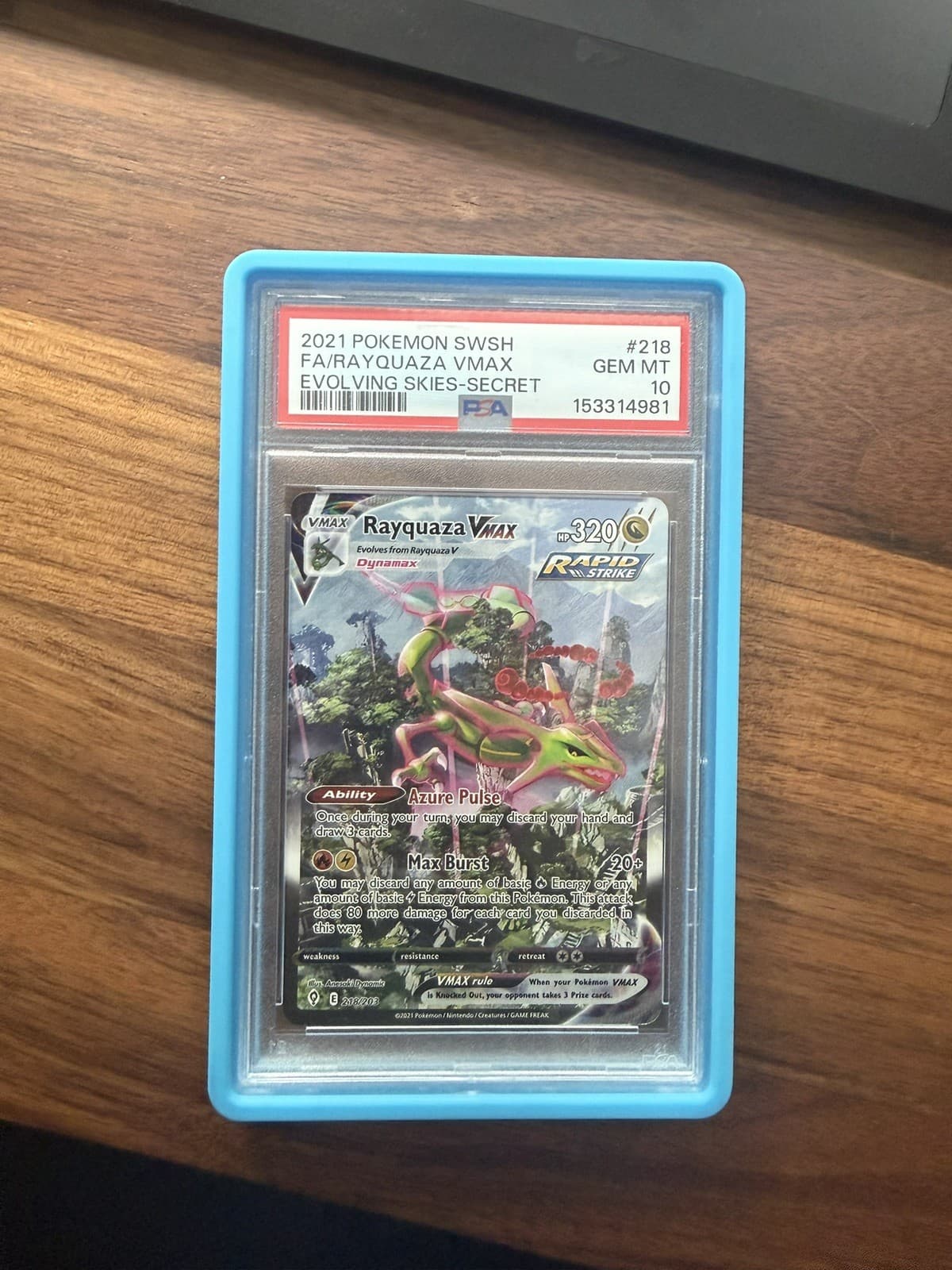 Pokemon 2021 Evolving Skies Rayquaza VMAX 218/203 Secret Alt Art Holo PSA 10
