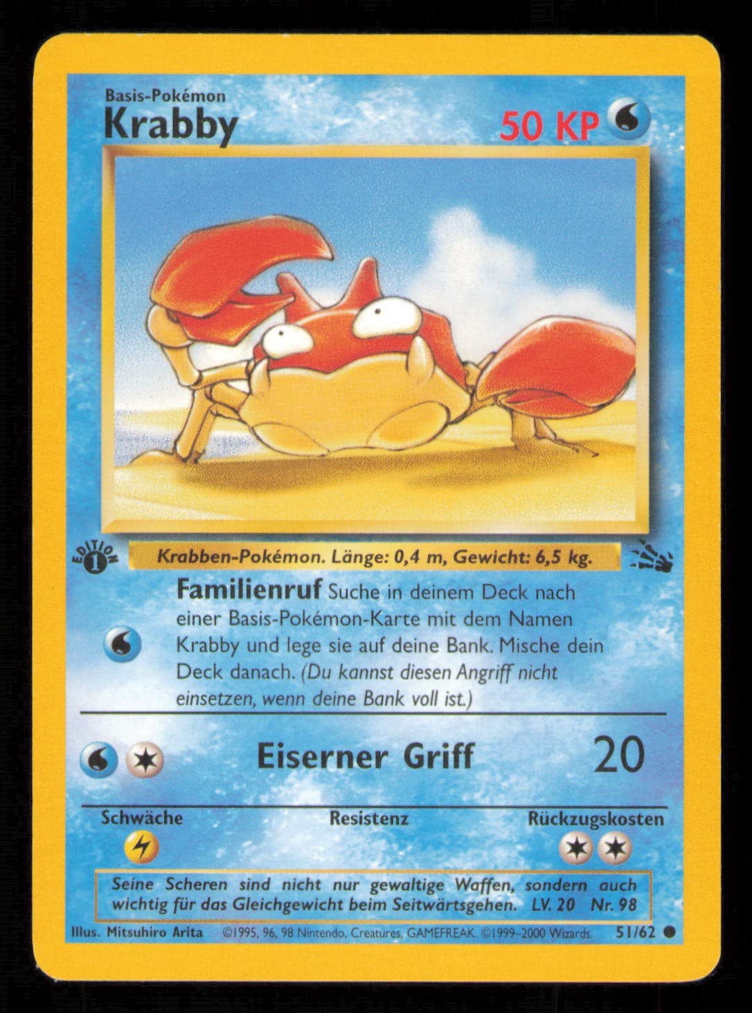 Pokemon Krabby 51/62 Fossil 1. Edition Deutsch
