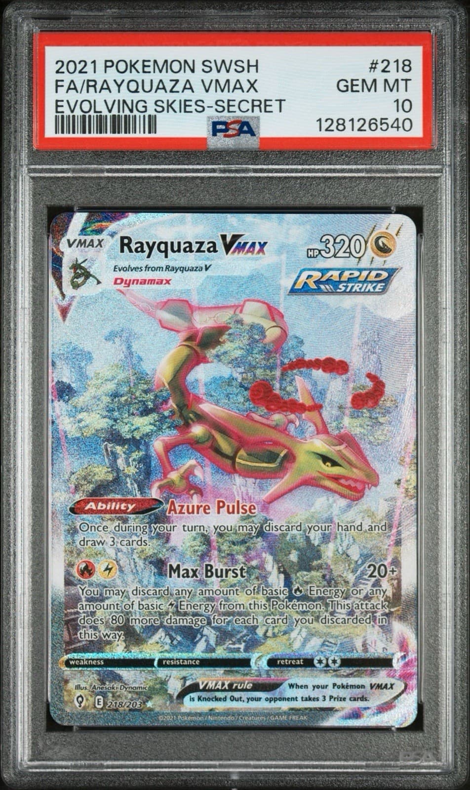 Rayquaza VMAX 218/203 Evolving Skies Alt Art Secret Holo PSA 10