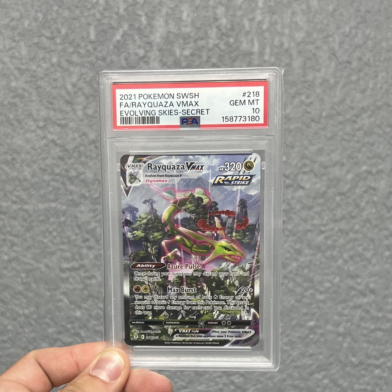 Pokemon TCG Rayquaza VMAX 218/203 Evolving Skies Alt Art Secret Holo PSA 10