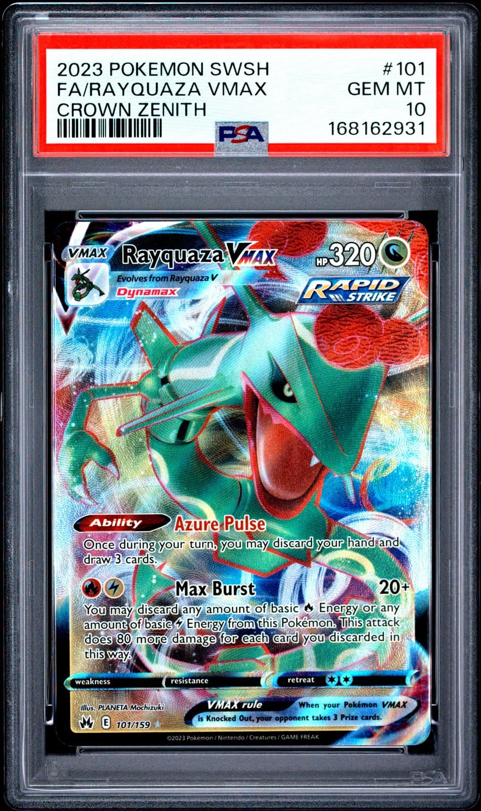 2023 POKEMON SWORD & SHIELD CROWN ZENITH #101 FULL ART/RAYQUAZA VMAX PSA 10
