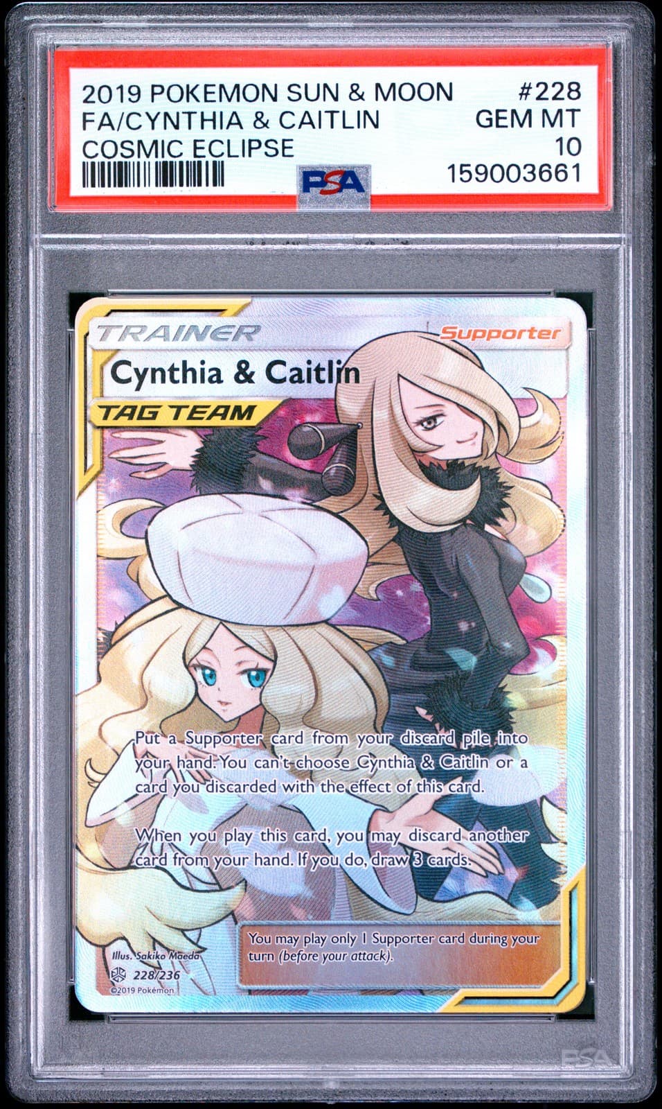 2019 POKEMON SUN & MOON COSMIC ECLIPSE #228 FULL ART/CYNTHIA & CAITLIN PSA 10