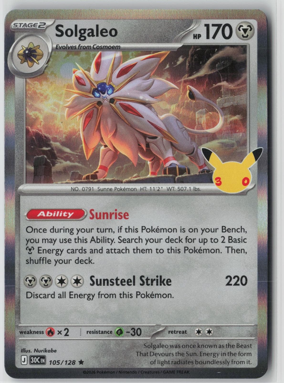 SOLGALEO 105/128 - Pokemon ME: 30th Celebration Holo NM -