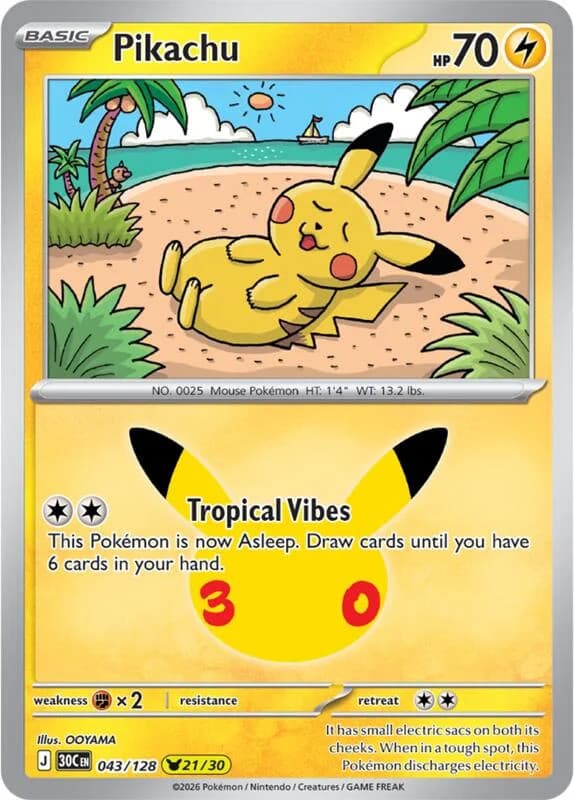 Pokemon TCG 30th Celebration Pikachu Holo #43/128