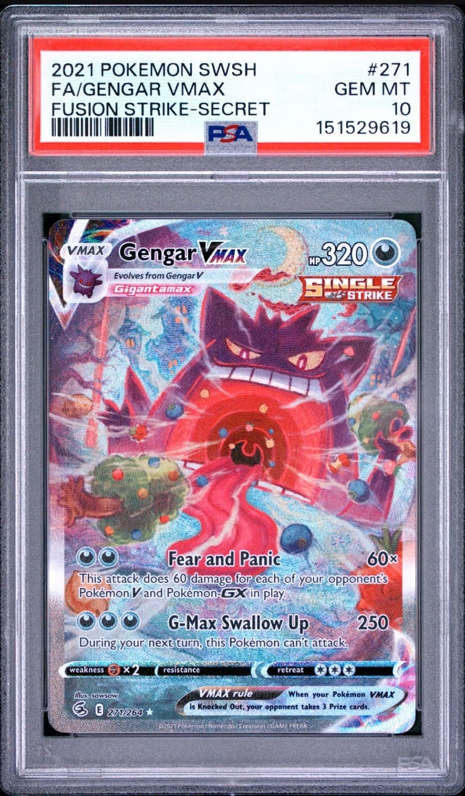 Gengar VMAX (Alternate Art Secret) 271/264 Swsh08: Fusion Strike Holo PSA 10
