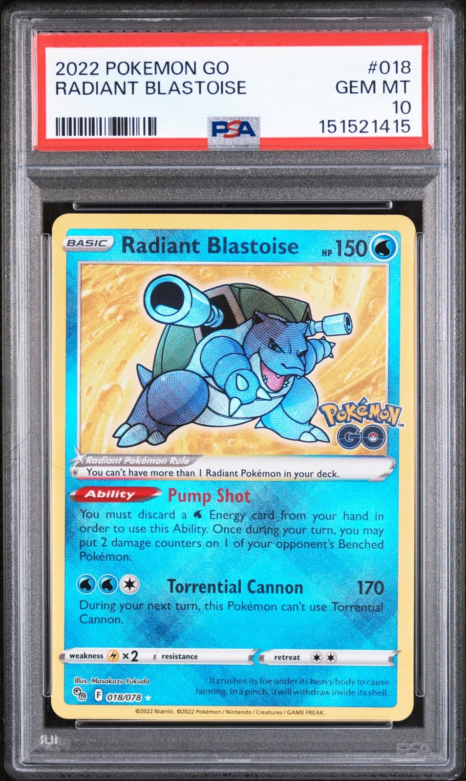 2022 POKEMON GO #018 RADIANT BLASTOISE PSA 10