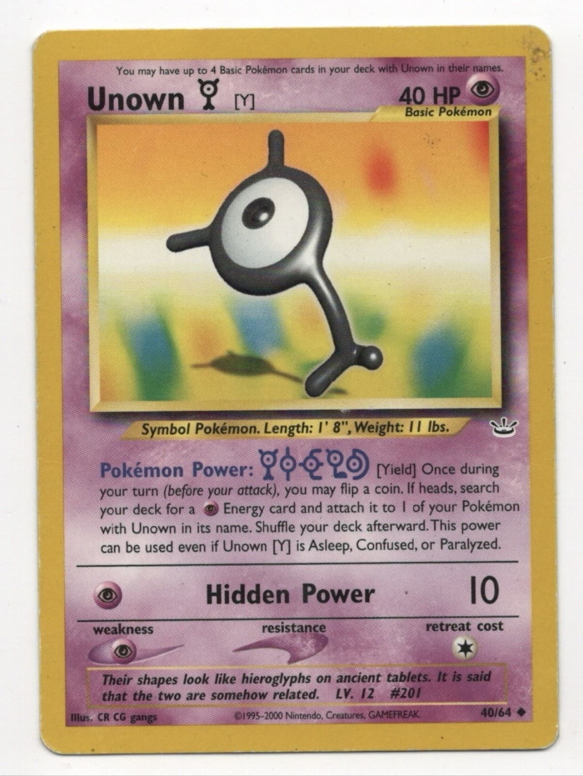 Unown [Y] 40/64 Neo Revelation 2001 Pokemon TCG WOTC Vintage
