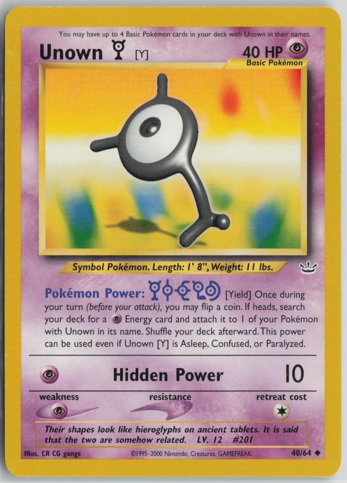 Unown [Y] 40/64 Uncommon Neo Revelation Pokemon Unlimited Near Mint