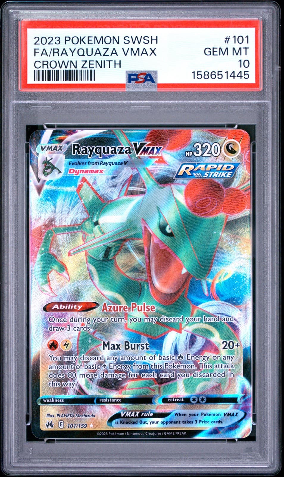 2023 POKEMON SWORD & SHIELD CROWN ZENITH #101 FULL ART/RAYQUAZA VMAX PSA 10